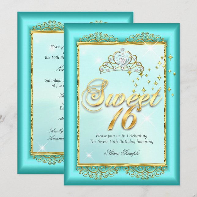 Prinsessa Sweet 16 Turkos Guld Födelsedagsfest Inbjudningar (Fram/baksida)