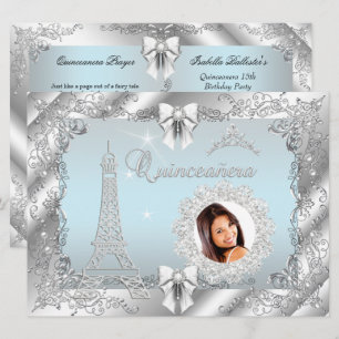 Prinsessa Teal Blå Quinceanera Silver Foto STOR Inbjudningar