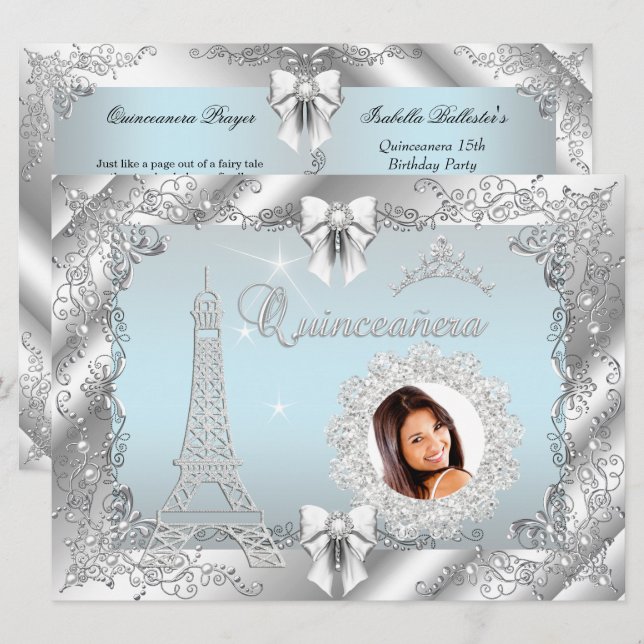 Prinsessa Teal Blå Quinceanera Silver Foto STOR Inbjudningar (Fram/baksida)