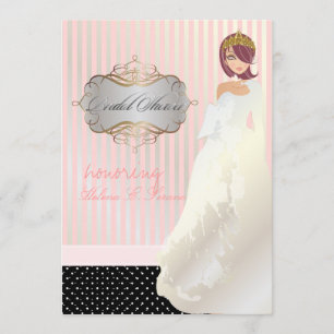 Prinsessa + tiara/ränder/prickar/bridal shower inbjudningar