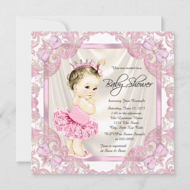 Prinsessa Tutu Pärlor Ballerina Baby Shower Inbjudningar (Framsida)