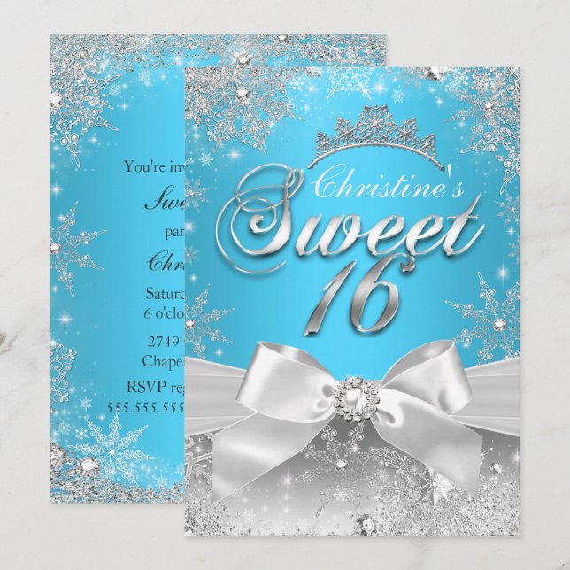 Prinsessa Vinter Värld Blå Sweet 16 Inbjudan (Fram/baksida)
