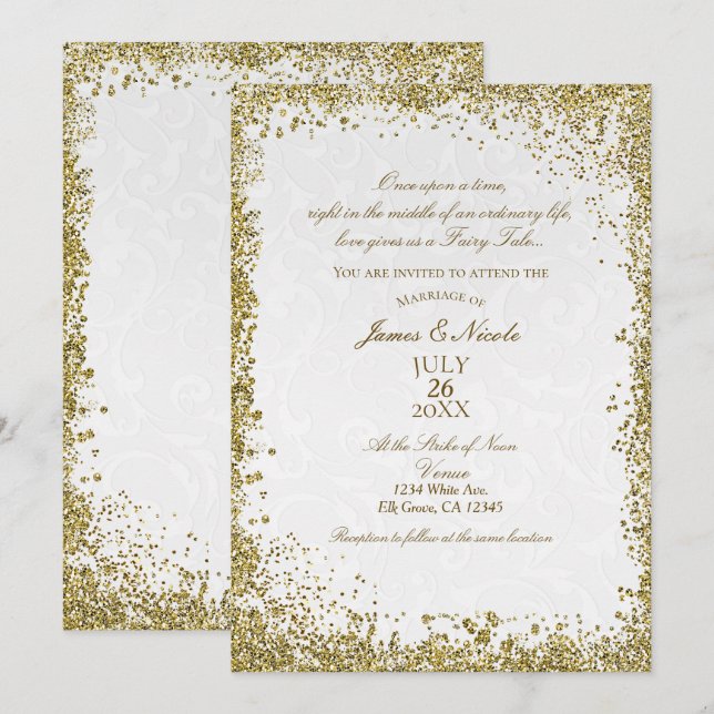 Prinsessa Vit Damask Sagobok Elegant Bröllop Inbjudningar (Fram/baksida)