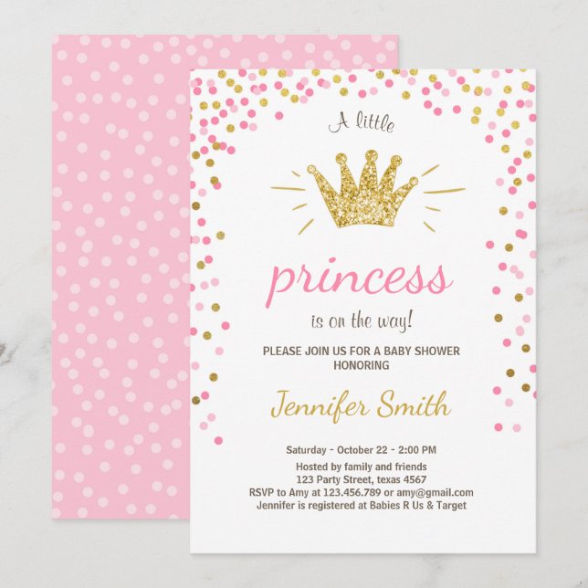 Prinsessan Babyskons inbjudan Rosa Guld Glitter (Fram/baksida)