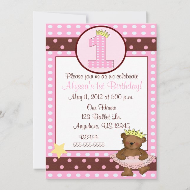 Prinsessan Ballet Bear Girls 1:a födelsedagsinbjud Inbjudningar (Framsida)