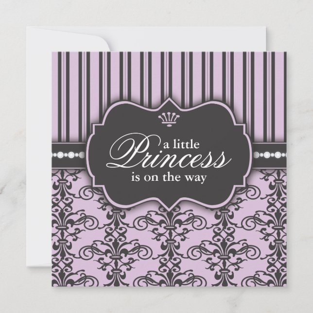 Prinsessan Damask & Rand Black Lila Baby Shower Inbjudningar (Framsida)