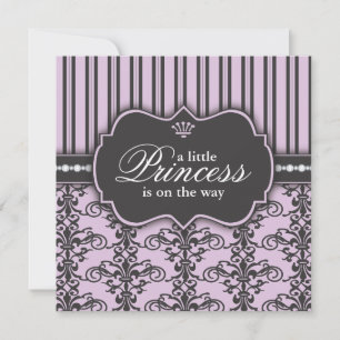 Prinsessan Damask & Rand Black Lila Baby Shower Inbjudningar