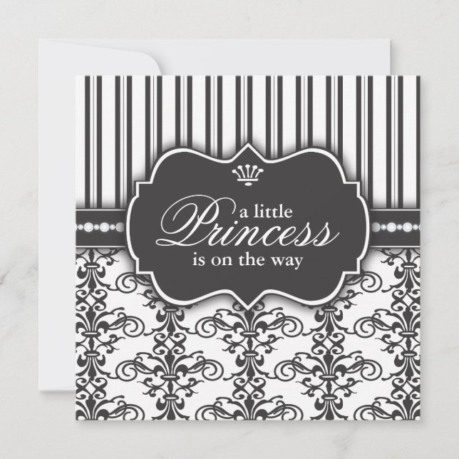 Prinsessan Damask & Rand Black & White Baby Shower Inbjudningar (Framsida)