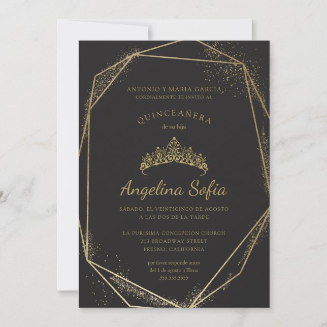 Prinsessan Guld Glitter Tiara Quinceanera Inbjudningar (Framsida)