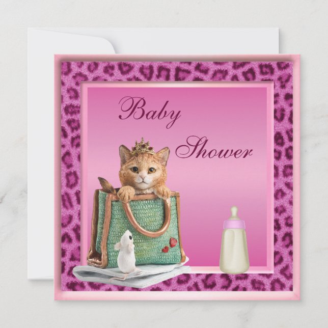 Prinsessan Kitten Rosa Faux Leopard Päls Baby Show Inbjudningar (Framsida)