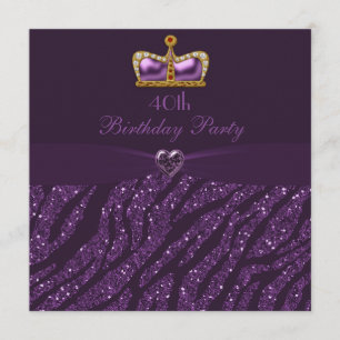 Prinsessan Krona Heart & Zebra Glitter 40:e födels Inbjudningar