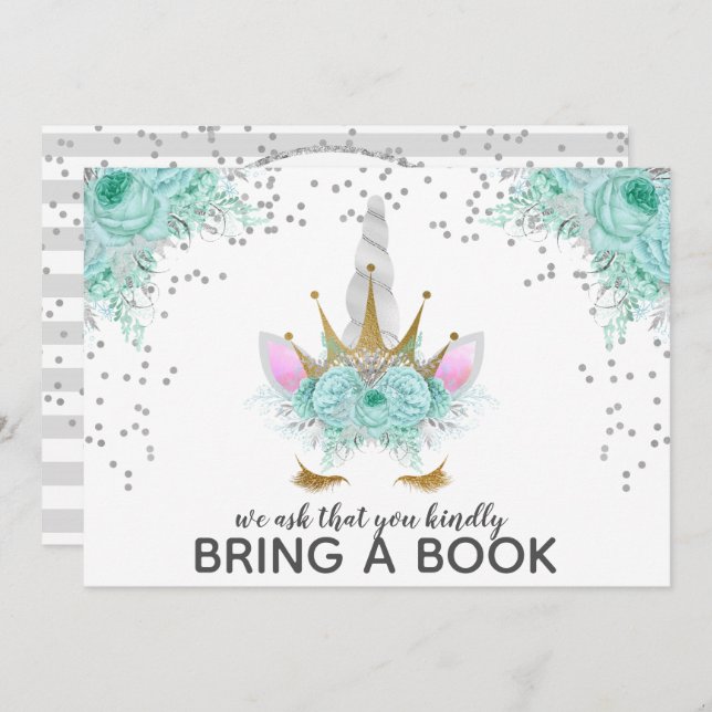 Prinsessan Mint, Silver och Guld Unicorn föder Bok Inbjudningar (Fram/baksida)