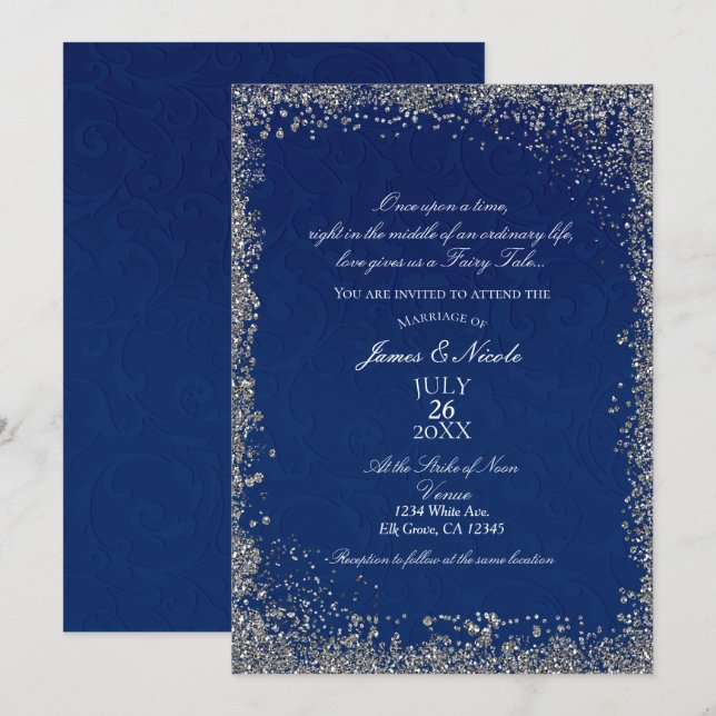 Prinsessan Navy Blue Silver Sagobok Bröllop Inbjudningar (Fram/baksida)