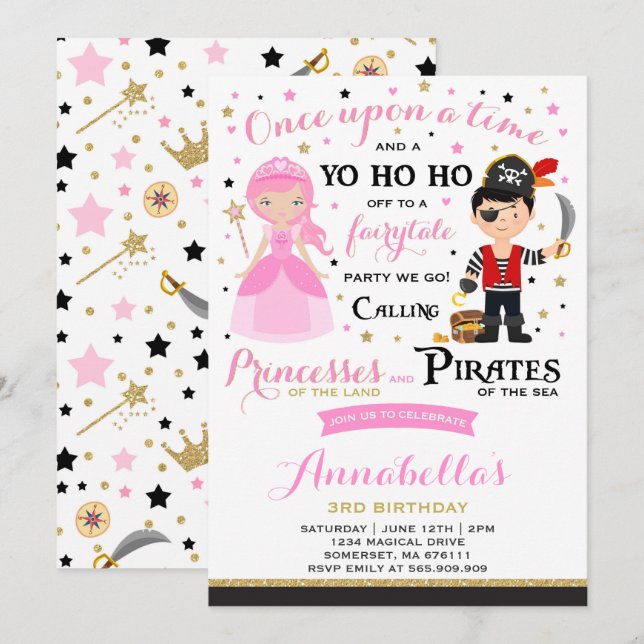 Prinsessan och Pirat födelsedagsinbjudan Inbjudningar (Fram/baksida)