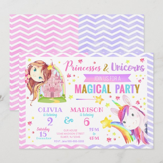 Prinsessan och Unicorns gemensamma födelsedagsinbj Inbjudningar (Fram/baksida)