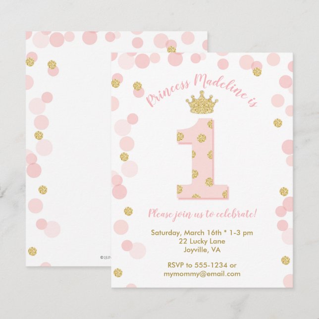 Prinsessan Rosa Guld Glitter 1:a födelsedagen Inbjudningar (Fram/baksida)