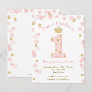 Prinsessan Rosa Guld Glitter 1:a födelsedagen Inbjudningar