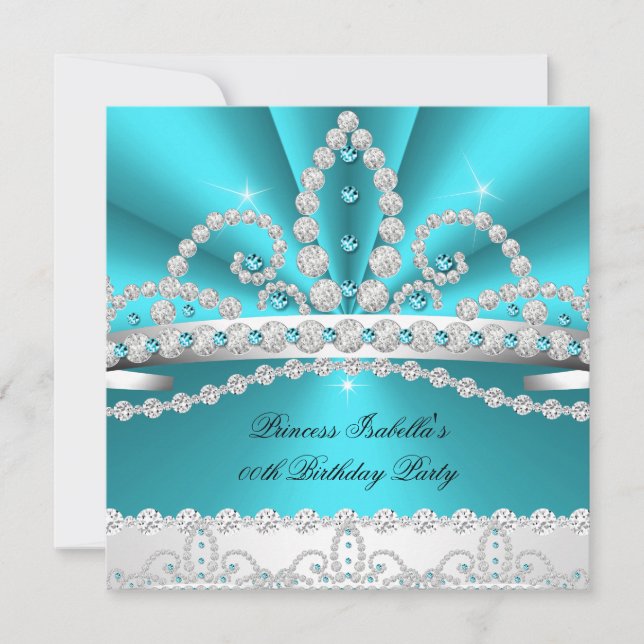 Prinsessan Teal Blue Diamond Tiara Födelsedagsfest Inbjudningar (Framsida)
