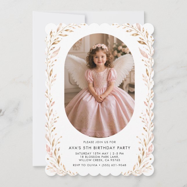 Prinsessängel flicka 5-års födelsedagsinbjudan inbjudningar (Framsida)