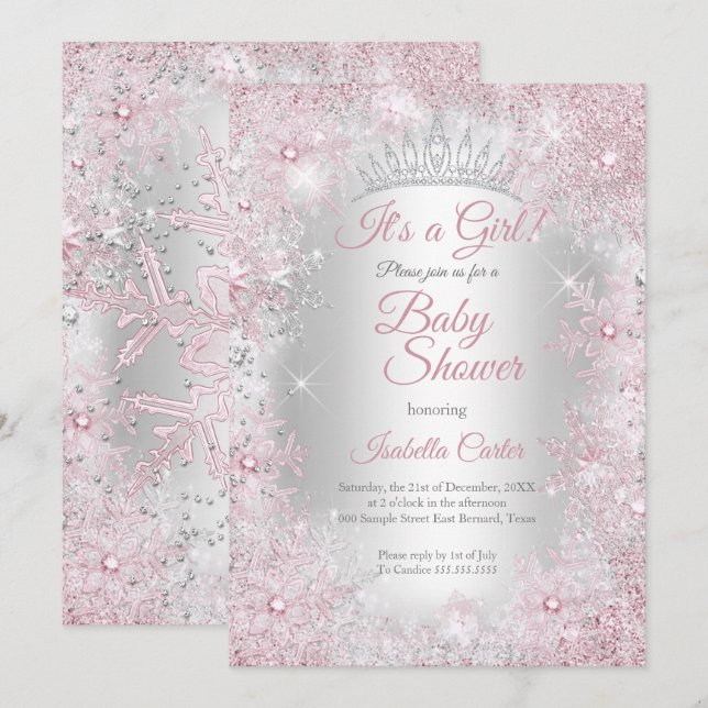 Prinsessans Baby Shower Rosa Vintervärld Inbjudningar (Fram/baksida)