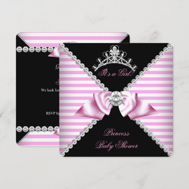 Prinsessans baby shower svart rosa randig rosett d inbjudningar (Fram/baksida)