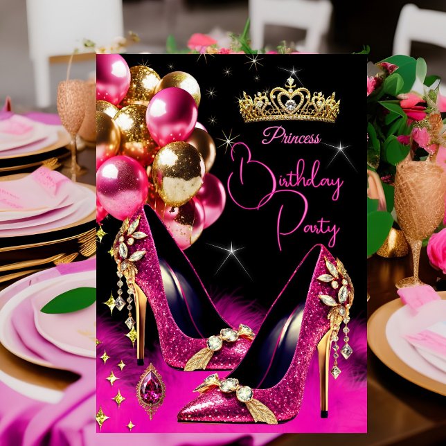 Prinsessans födelsedag Hot Pink Glitter Höga klack Inbjudningar (Skapare uppladdad)