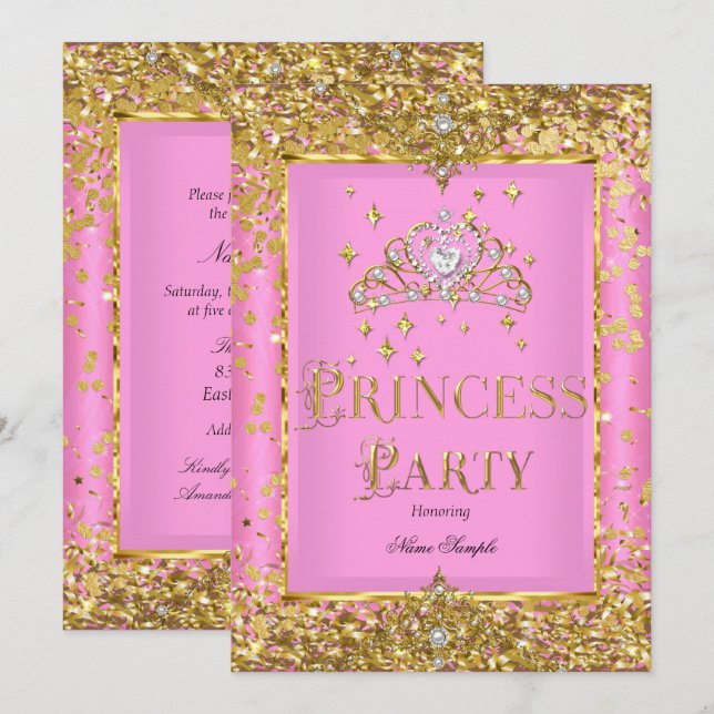 Prinsessans födelsedagsfest Rosa Guld Tiara Inbjudningar (Fram/baksida)