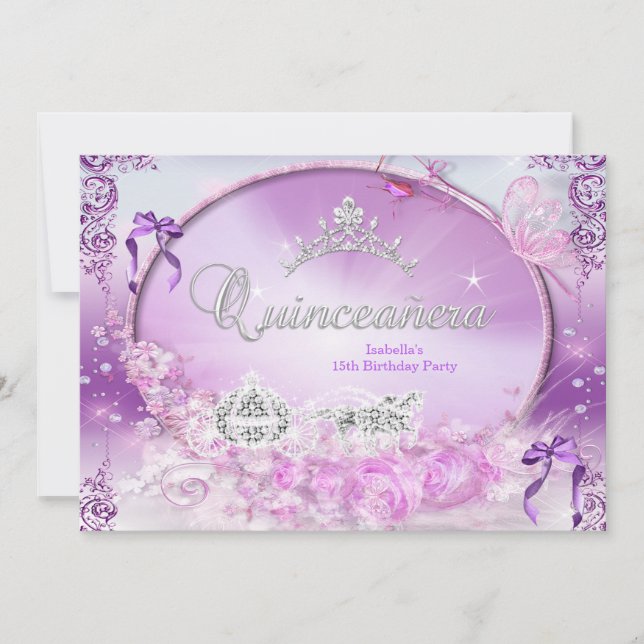 Prinsessans Quinceanera Magiska Lila Kärra Inbjudningar (Framsida)