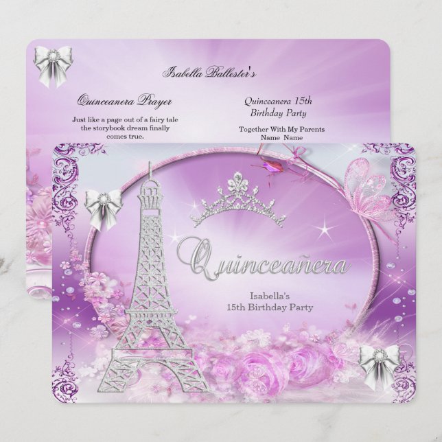 Prinsessans Quinceanera Magiska Lila Silver Inbjudningar (Fram/baksida)