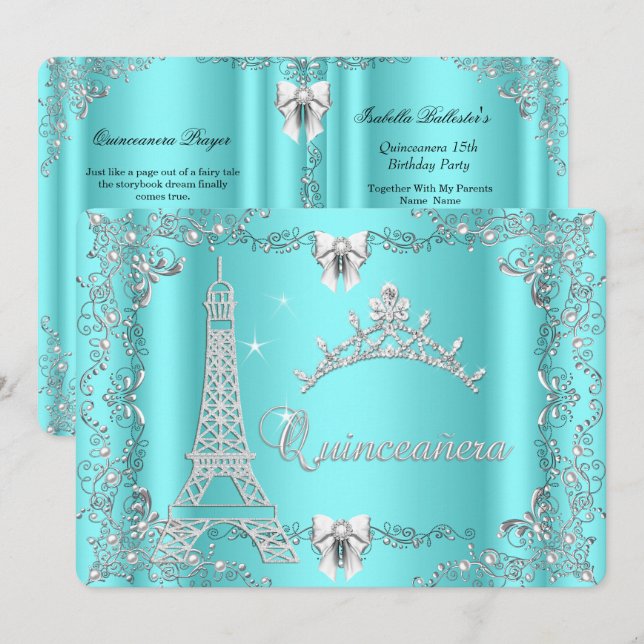 Prinsessans Quinceanera Magiska Teal Blå Silver Inbjudningar (Fram/baksida)