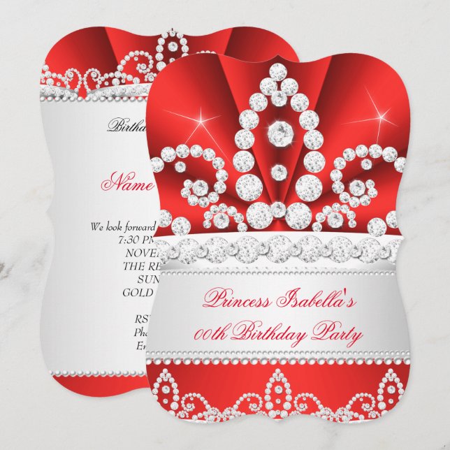 Prinsessans röda diamanttiara födelsedagsfest inbjudningar (Fram/baksida)
