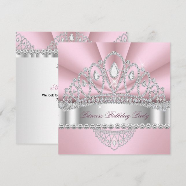 Prinsessans Rosa Vita Diamant Tiara Födelsedagsfes Inbjudningar (Fram/baksida)