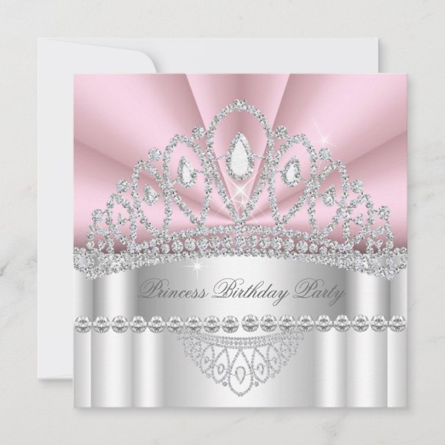 Prinsessans Rosa Vita Diamanttiara Födelsedagsfest Inbjudningar (Framsida)