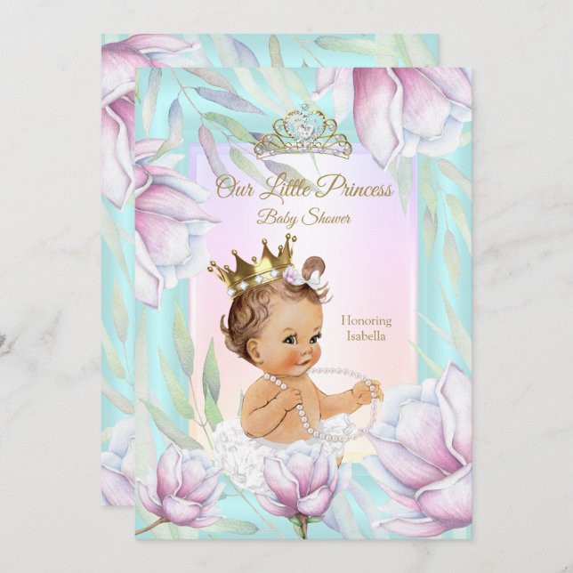 Prinsessbabyfest Teal Rosa Lila Blommig Inbjudningar (Fram/baksida)