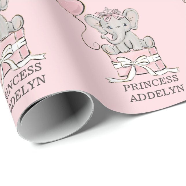 Prinsesselefant Rosa Ballong Barnets Namn Presentpapper (Rullad Hörn)