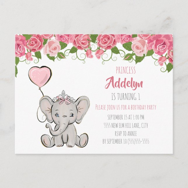 Prinsesselefanten barnets 1-årsdag Rosa blommig Inbjudan Vykort (Framsida)