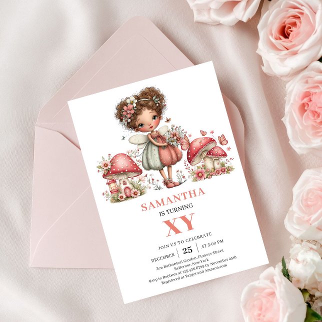 Prinsessfén 4-års födelsedags rosa blommiga inbjud inbjudningar (Princess Fairy 4th Birthday Pink Floral Invitation)