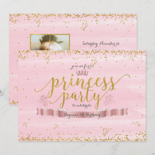 Prinsesskalas rosa & guld fotobjud inbjudningar