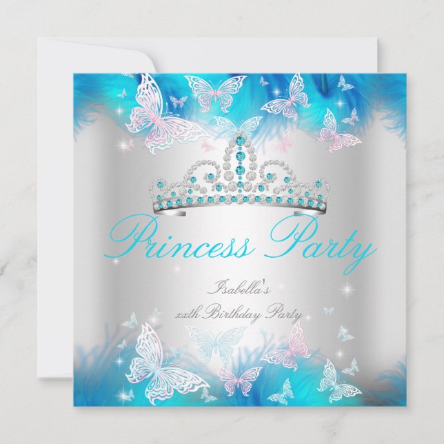Prinsesskalas Rosa Turkos Blå Tiar Fjäril Inbjudningar (Framsida)