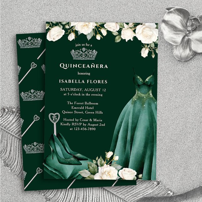 Prinsessklänning och Rosa Grön Quinceanera Inbjudningar (Quinceanera Invitation from the Princess Dress and Roses Quinceanera Collection by Darling & May)