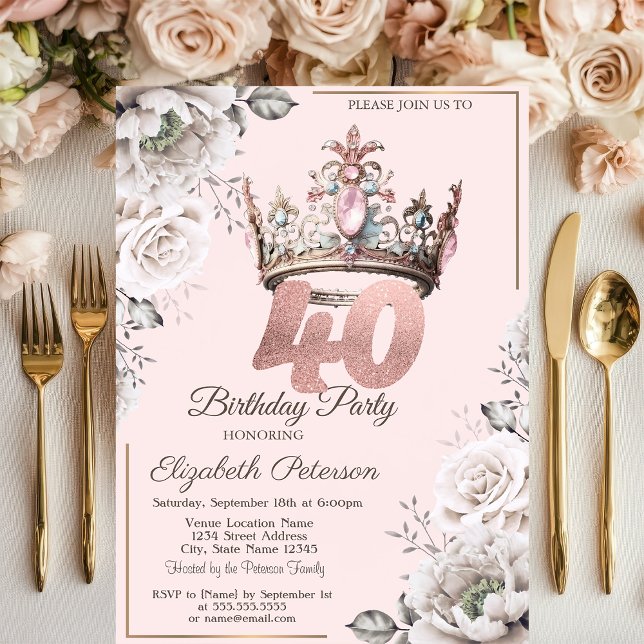 Prinsesskrona Blommiga 40-årsfesten Inbjudningar (Skapare uppladdad)