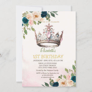 Prinsesskrona Blommor Prickar Födelsedag Inbjudningar
