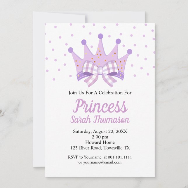 Prinsesskrona födelsedagsfest inbjudan i lila (Framsida)