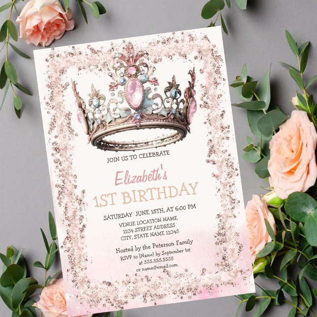 Prinsesskrona Glitter Ram Födelsedag   Inbjudningar (Skapare uppladdad)