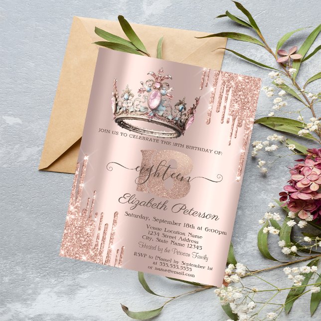 Prinsesskrona Glitterdropar Rose Guld 18:e  Inbjudningar (Skapare uppladdad)