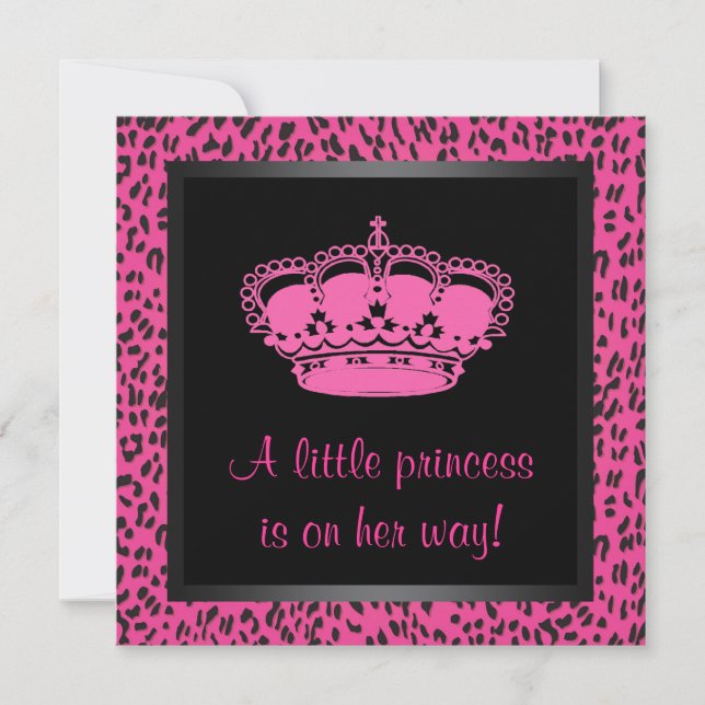 Prinsesskrona Hot Pink Leopard Babyflicka Bebisdus Inbjudningar (Framsida)