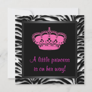 Prinsesskrona Hot Pink Zebra Baby Girl Shower Inbjudningar