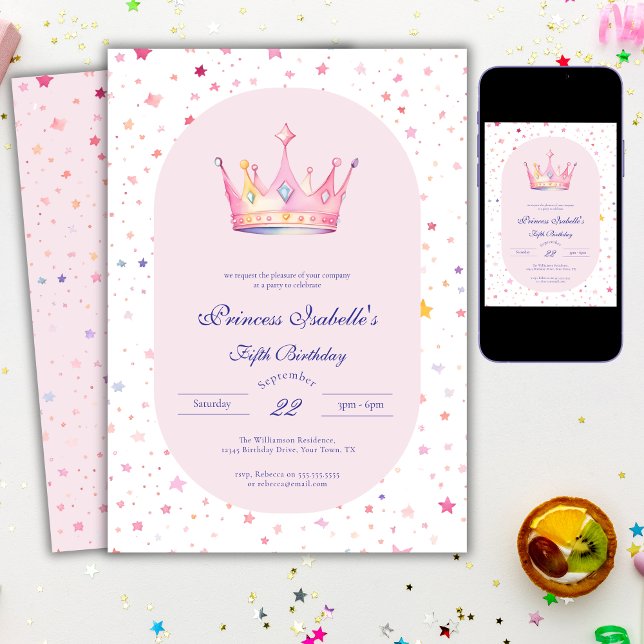 Prinsesskrona Pastellrosa Sagobok 5-års Födelsedag Inbjudningar (Skapare uppladdad)