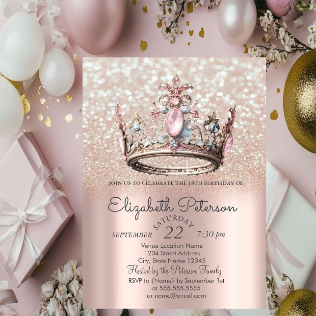Prinsesskrona Rosa Guld Bokeh 18-årsdag  Inbjudningar (Skapare uppladdad)