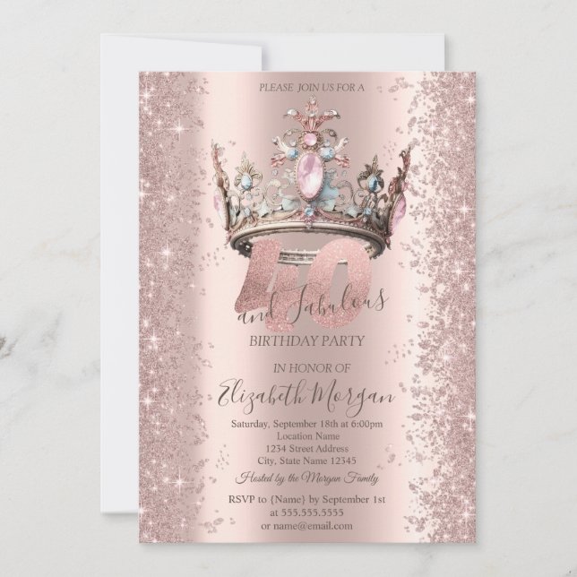 Prinsesskrona Rosa Guld Glitter Diamanter 40-årsda Inbjudningar (Framsida)
